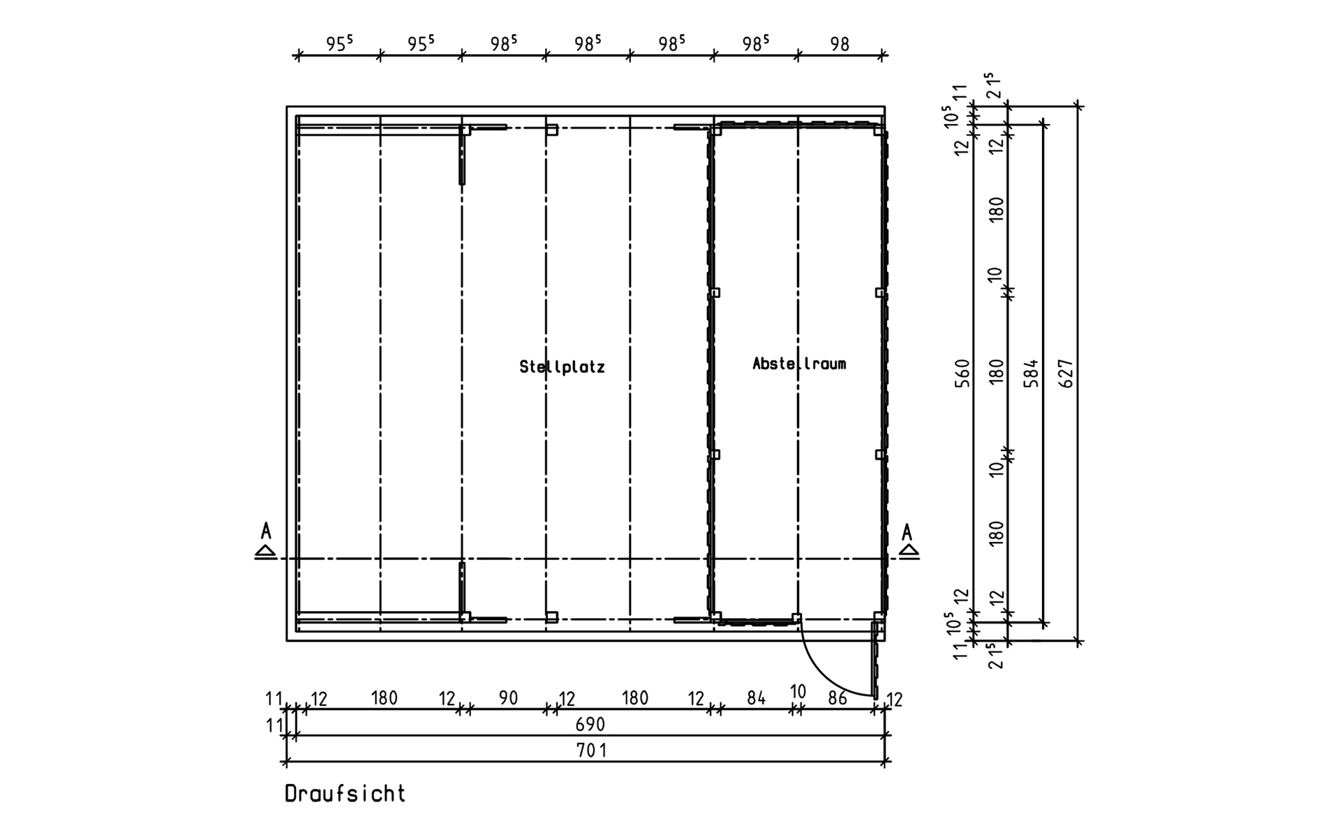 Doppelcarport 610x700 mit 2 Leimholzbögen und Abstellraum 200 cm